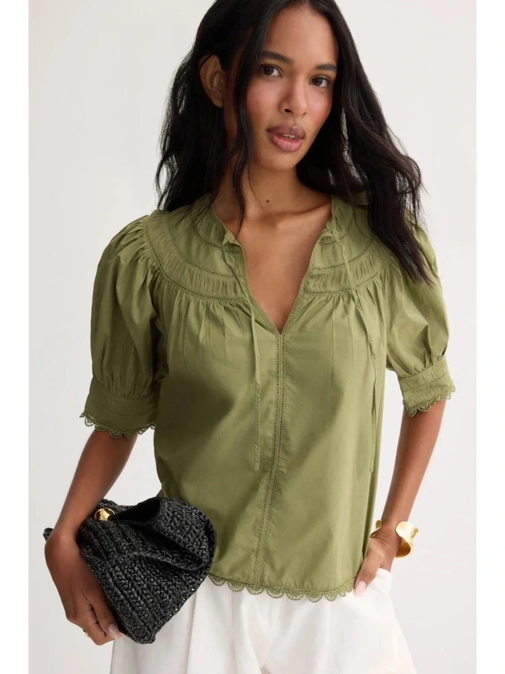 NWT Ulla Johnson Dylan Pintuck Peasant Blouse in Olive Green Size 4